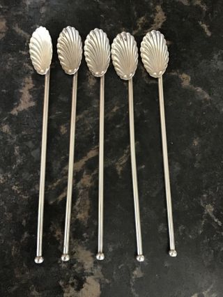 Vintage Sterling Silver Set Of 5 Ice Tea Shell Spoons Straws