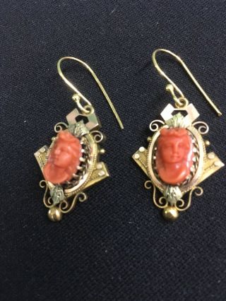 Antique Victrian Gold Filled Coral Cameo Pierced Earrings