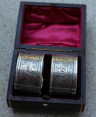 Pair Antique Hallmarked Boxed Sterling Silver Napkin Rings.  Chester 1905.