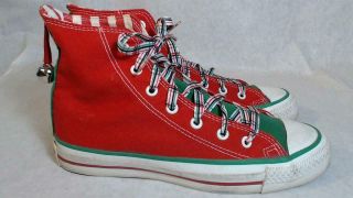 Vtg Converse Christmas Shoes Mens 5 High Top Made In Usa Red Green White Bells