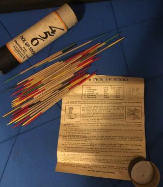 Vintage Wood Pick Up Sticks Game 456 In Cannister With Instructions