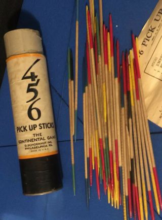 Vintage Wood Pick Up Sticks Game 456 In Cannister With Instructions 3