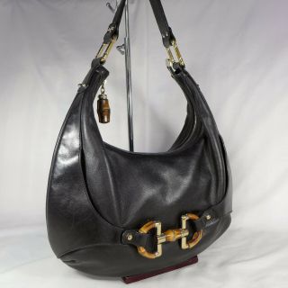 Authentic Vintage Gucci Amalfi Black Leather Bamboo Medium Hobo Shoulder Handbag