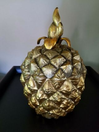 Vintage Roberta Wood Pineapple Ice Bucket Torino,  Italy Hollywood Regency Gilt