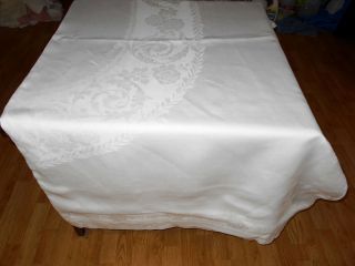 71x118 Vtg Antique White Irish Linen Double Damask Tablecloth