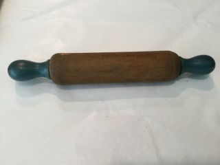 Vintage 7 1/2” Child Size Rolling Pin Blue Painted Knobs