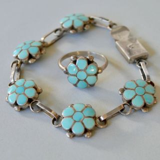 Vintage Native American Baby Blue Flowers Bracelet Ring 5.  5 Set Sterling Silver