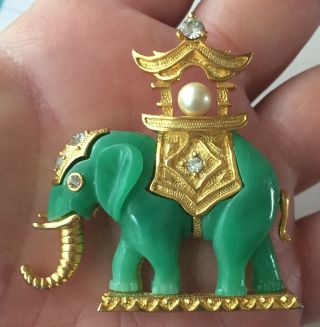 Hattie Carnegie Faux Jade & Crystals Elephant Gold Brooch Pin