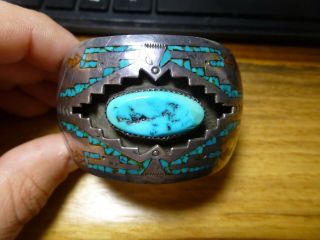Vintage Navajo Turquoise & Coral Cuff Bracelet Signed Hb Sterling Silver