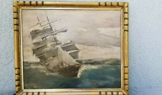 Antique Oil On Wood Painting Framed Ocean Sail Boat 19th Century