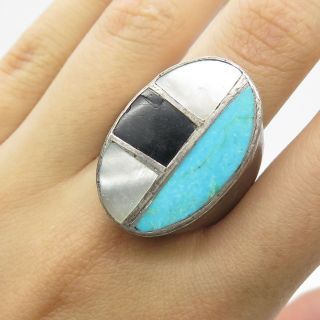 Vtg 925 Sterling Silver Real Mother - Of - Pearl Onyx Turquoise Gemstone Ring 11