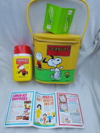 Vintage Snoopy Peanuts Vinyl Lunchbox Bag Purse W/ Thermos Rare 1970 