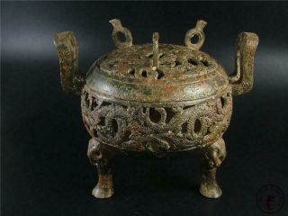 Very Large Fine Old Chinese Tripod Bronze Made Incense Burner Statue Collectible 3