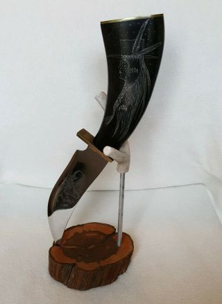 Vintage Ted Miller Custom Made Native Knife Indian Head From Buffalo Horn.