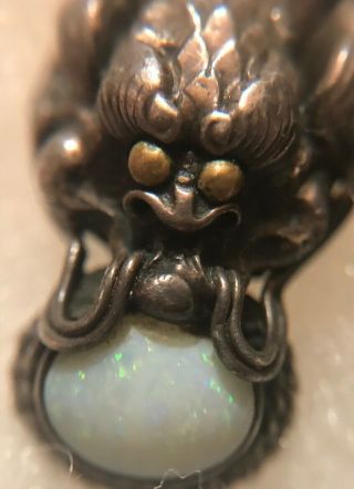 Sterling Silver Foo Dog Dragon Opal Figural Vintage Antique Earrings Rare