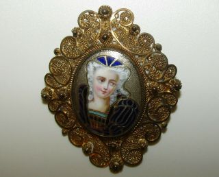 Fine,  Antique Georgian Silver Gilt Cannetille Miniature Portrait Enamel Brooch
