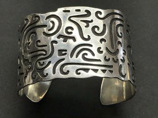 Vintage Wide Mexican Sterling Silver Cuff Bracelet Aztec Mayan Figural Design