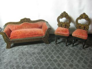 Antique Miniature Dollhouse Biedermeier Sofa And Chairs Set 1:12 Scale
