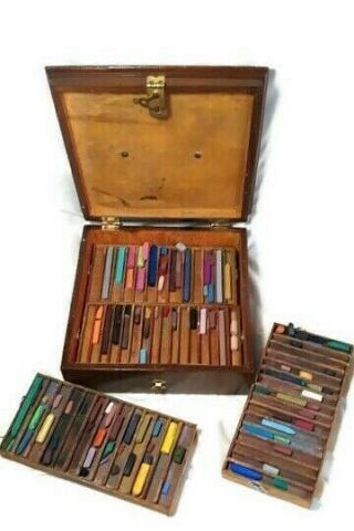 Vtg Wooden Artist Box Pastels Chalk 4 Drawers Travel Carry Wood & Brass 10x10