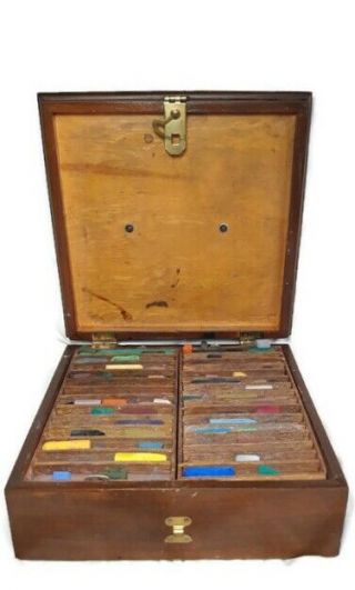 Vtg Wooden Artist Box Pastels Chalk 4 Drawers Travel Carry Wood & Brass 10x10 3