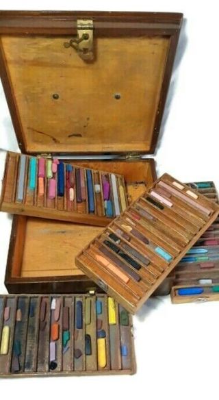 Vtg Wooden Artist Box Pastels Chalk 4 Drawers Travel Carry Wood & Brass 10x10 5