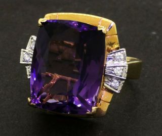 Vintage 14k Yellow Gold 16.  18ct Diamond Amethyst Cocktail Ring Size 5.  5
