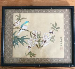 Fine Antique Chinese Bird Branch Cherry Blossom Painting Brushwork Silk Signed