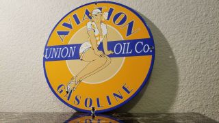 Vintage Union Gasoline Porcelain Aviation Pinup Girl Service Station Pump Sign