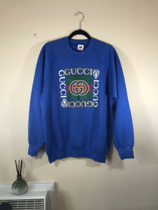 Vintage 90s 80s Bootleg Gucci Blue Crew Neck Sweatshirt Puffy Print - Large -
