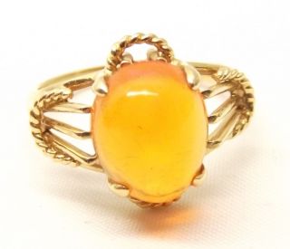 Vtg 14k Gold Mexican Fire Opal Ring Sz 7.  75 Estate Cabochon Cocktail Rope Design
