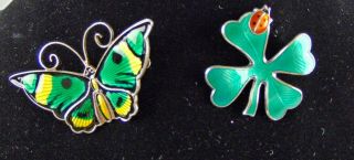 David Andersen Sterling Silver & Enamel Pins Butterfly,  Four Leaf Clover