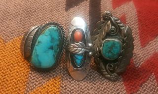 3 Vintage Turquoise Silver Native American Old Pawn Rings