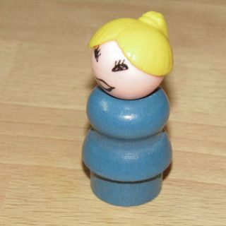 Vintage Fisher Price Little People Wooden Mom Blue Blonde Woman
