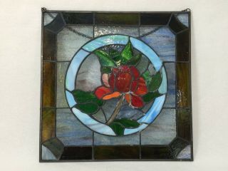 Vintage Stained Glass Square Rose Suncatcher,  12 1/2 " X 12 1/2 "
