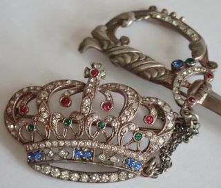 Vintage Sterling Silver Rhinestone Crown Sword Double Brooch
