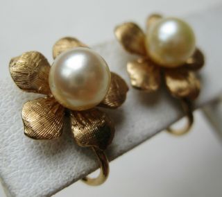 Vintage 14k Gold Flower 6.  3mm White South Seas Pearl Screwback Earrings 4.  2g 4