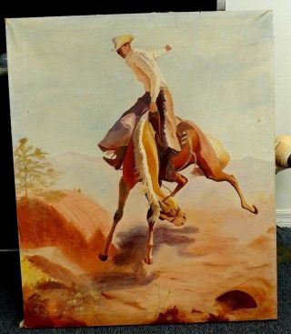 Vintage Large Oil On Canvas Cowboy Painting 30x36 " Bucking Bronco Signed & Dated