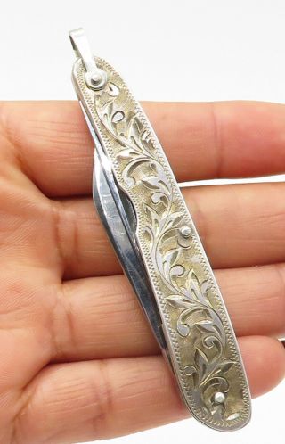 925 Sterling Silver - Vintage Two Tone Floral Etched Pocket Knife - T1341