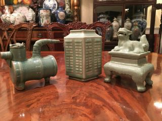 Three Chinese Qing Dynasty Celadon Porcelain Items.