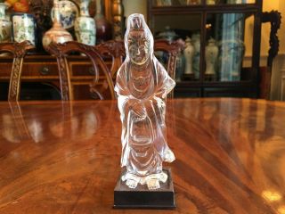 A Chinese Antique Rock Crystal Guanyin Statues With Wooden Stand.