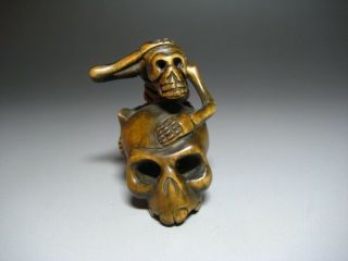 Japanese Antique Netsuke Boxwood Skeleton Gaikotsu Skull Vintage Very Rare