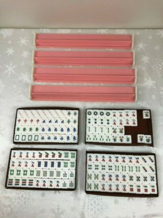 Vintage Mahjong Tiles & Tray,  Tri - Color Pink Translucent Resin,  Set Of 152
