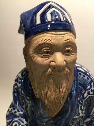 Vintage Japanese Kutani Blue Statue Jurojin Porcelain