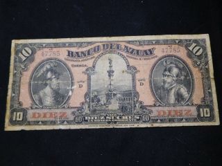 C272 Ecuador Banco Del Azuay Nd (1936) 10 Sucres Vg Extremely Rare