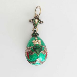 Vintage Sterling Silver Green Enamel Irish Claddagh Russian Style Egg Pendant