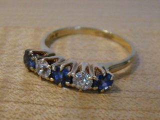 Vintage 14k Ring 2 Diamonds And 3 Sapphires  Wedding Anniversary 5 Stn