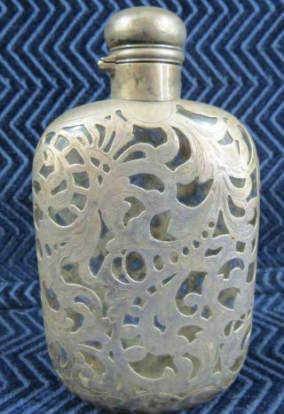 Antique Ornate Silver Overlay Liquor Flask - 5.  5 " Tall