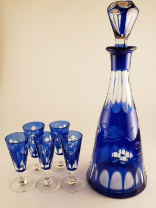 Rare Vintage Czech Bohemian Cobalt Blue Cut To Glass Decanter And Glasses