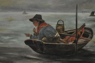 Vintage " Boy Fishing " Framed 15 " X22 " Oil Painting Bay Boat Sailboat Fish