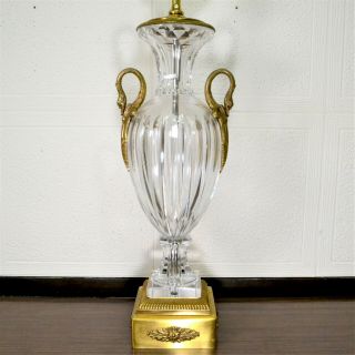 Vintage French Cut Crystal & Bronze Urn Table Lamp W/ Swan Head Handles